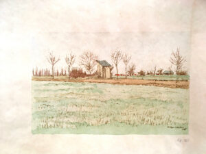 17 o.T., 1924-7 (Feldhütte) kolorierter Druck
