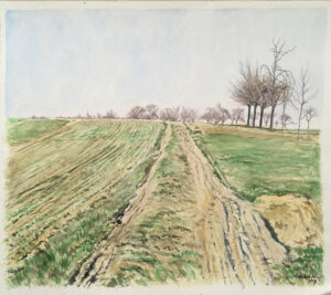 24 o.T., 1929 (Ackerweg mit Obstbäumen rechts) Aquarell